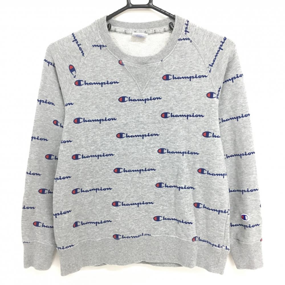 チャンピオン トレーナー 杢グレー×ネイビー×レッド ロゴ総柄 レディース LARGE ゴルフウェア Champion