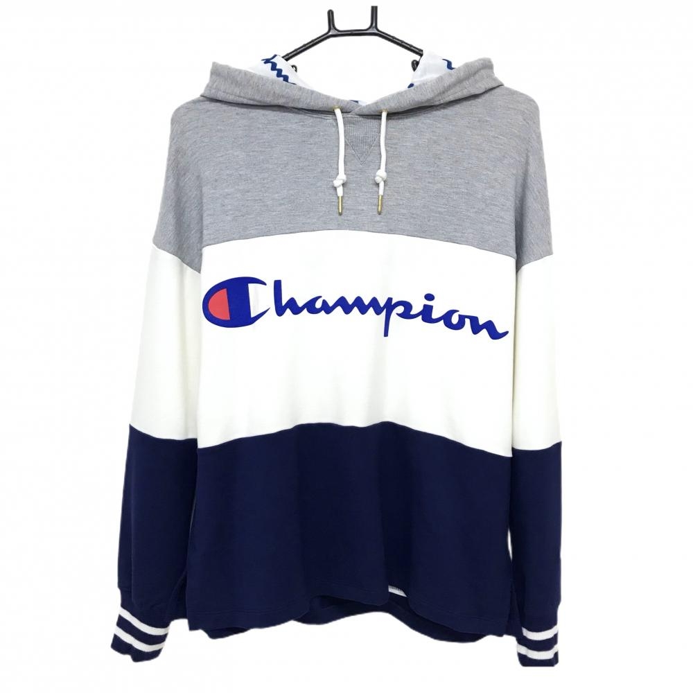 【超美品】チャンピオン パーカー グレー×白×ネイビー ロゴプリント トレーナー レディース L ゴルフウェア Champion