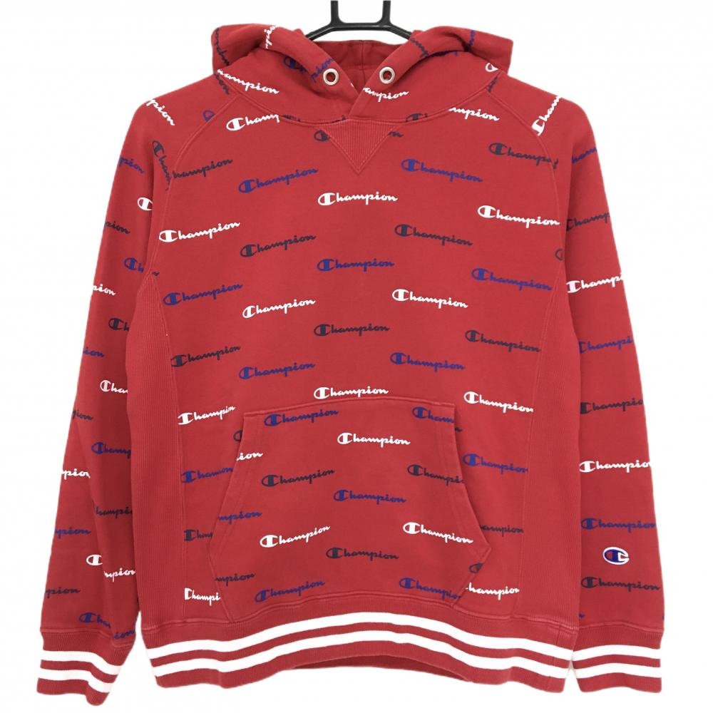 チャンピオン パーカー レッド×白 ロゴ総柄 スウェット生地 レディース MEDIUM ゴルフウェア Champion