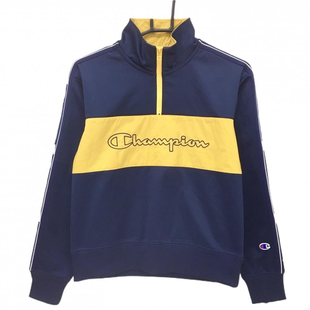 【超美品】チャンピオン ハイネックトレーナー ネイビー×イエロー 袖ロゴライン ハーフジップ  レディース MEDIUM ゴルフウェア Champion