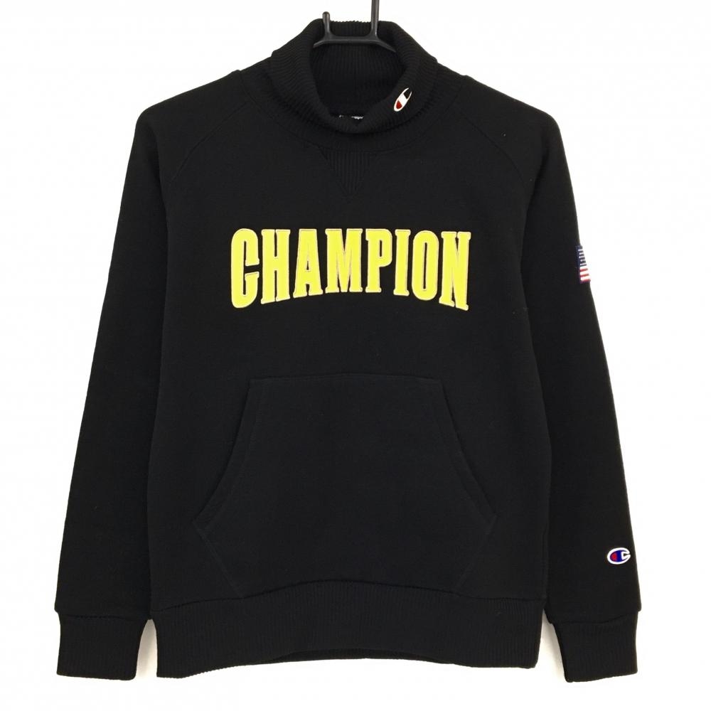 【美品】チャンピオン タートルネックトレーナー 黒×イエロー 裏起毛 フロントロゴ  レディース MEDIUM ゴルフウェア Champion