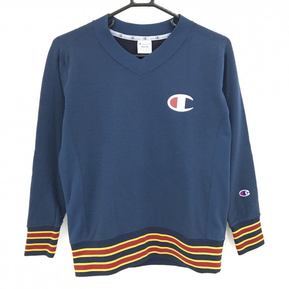 チャンピオン トレーナー ネイビー 袖・裾ライン スウェット地 Vネック レディース MEDIUM ゴルフウェア Champion