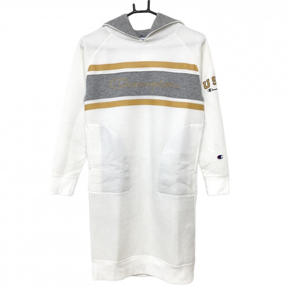 【超美品】チャンピオン フード付きワンピース 白×グレー ロゴ刺しゅう レディース S ゴルフウェア Champion