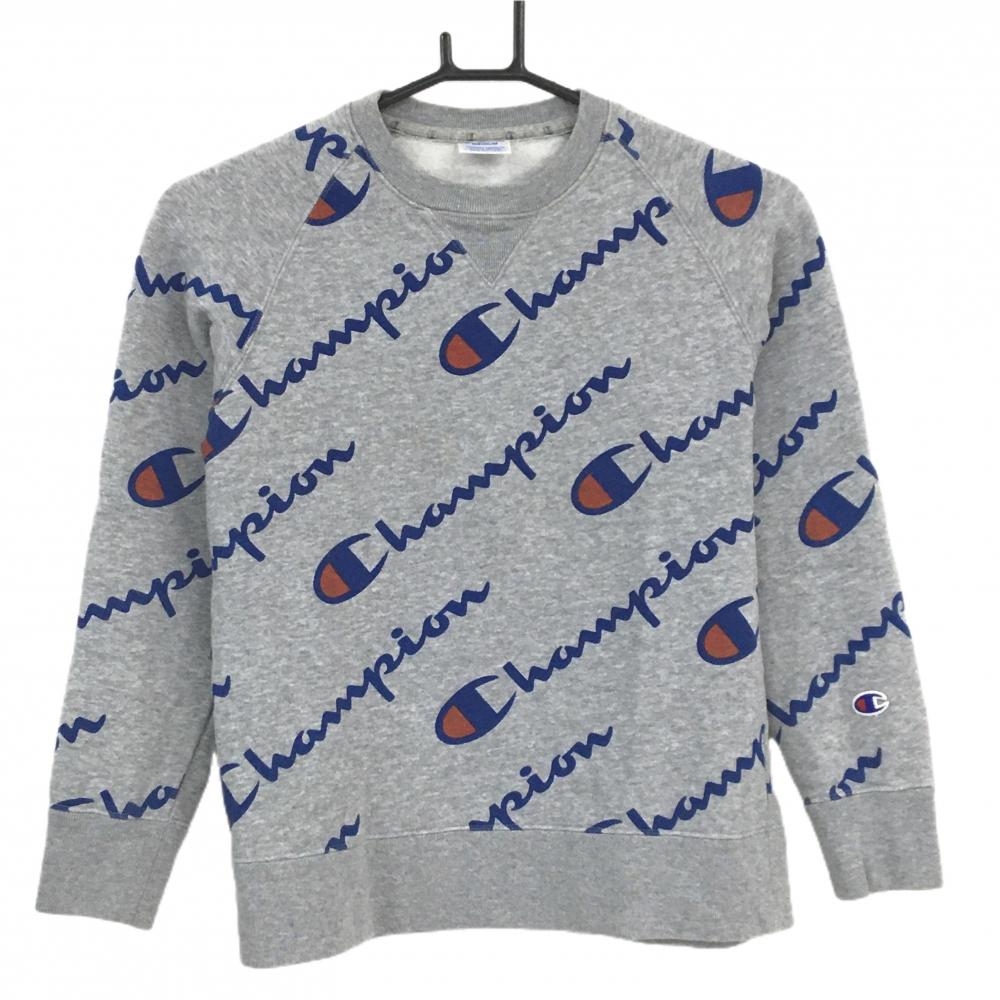 チャンピオン トレーナー グレー×ブルー ロゴ総柄 裏起毛  レディース MEDIUM ゴルフウェア Champion