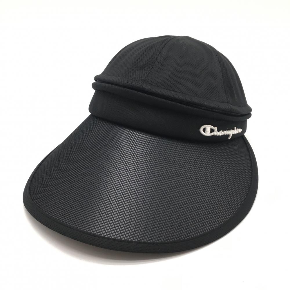 【美品】チャンピオン 2WAYサンバイザー 黒×白 ロゴ刺しゅう キャップ レディース 56.5-58.5cm ゴルフウェア Champion