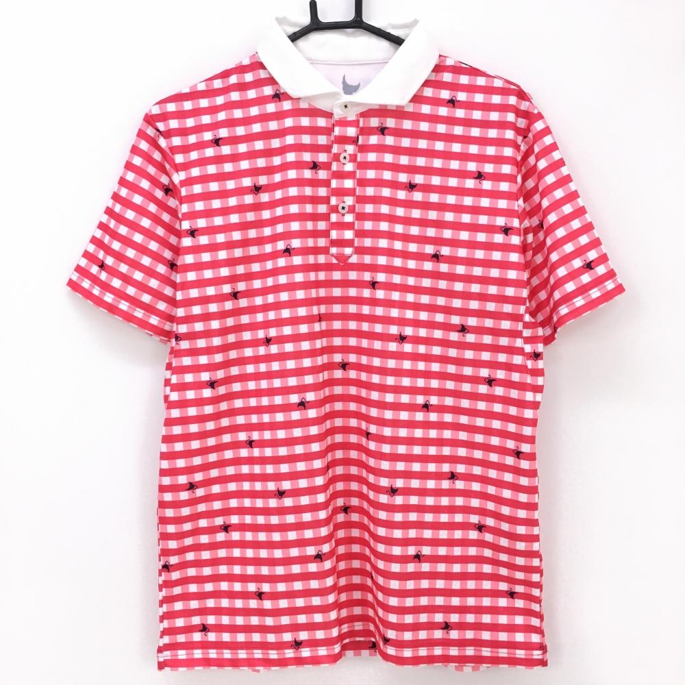【美品】クランク 半袖ポロシャツ ピンク×白 チェック柄 総柄 メンズ M ゴルフウェア CLUNK