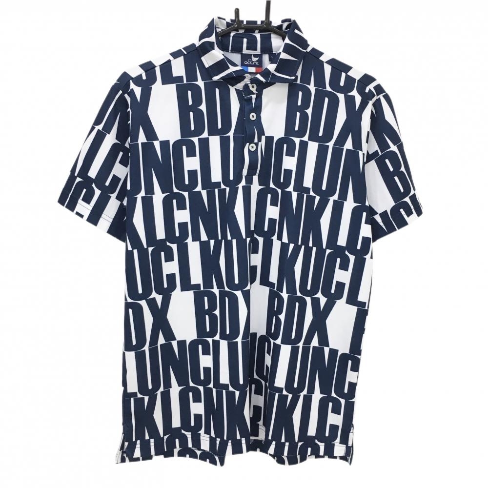 【超美品】クランク 半袖ポロシャツ ネイビー×白 ロゴ総柄 メンズ L ゴルフウェア CLUNK