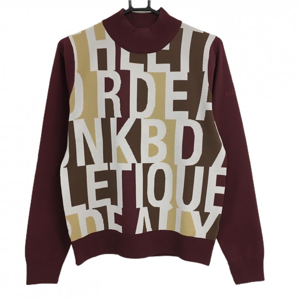 【超美品】クランク ハイネックセーター ボルドー×白 身頃英字総柄 ニット レディース L ゴルフウェア CLUNK