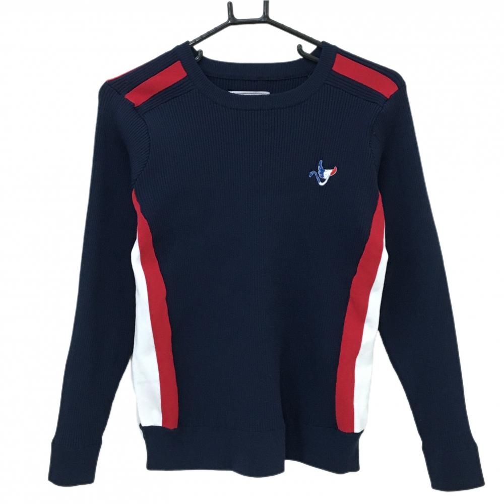 クランク セーター ネイビー×レッド ロゴ刺しゅう ポリエステル100％ ニット レディース L ゴルフウェア CLUNK