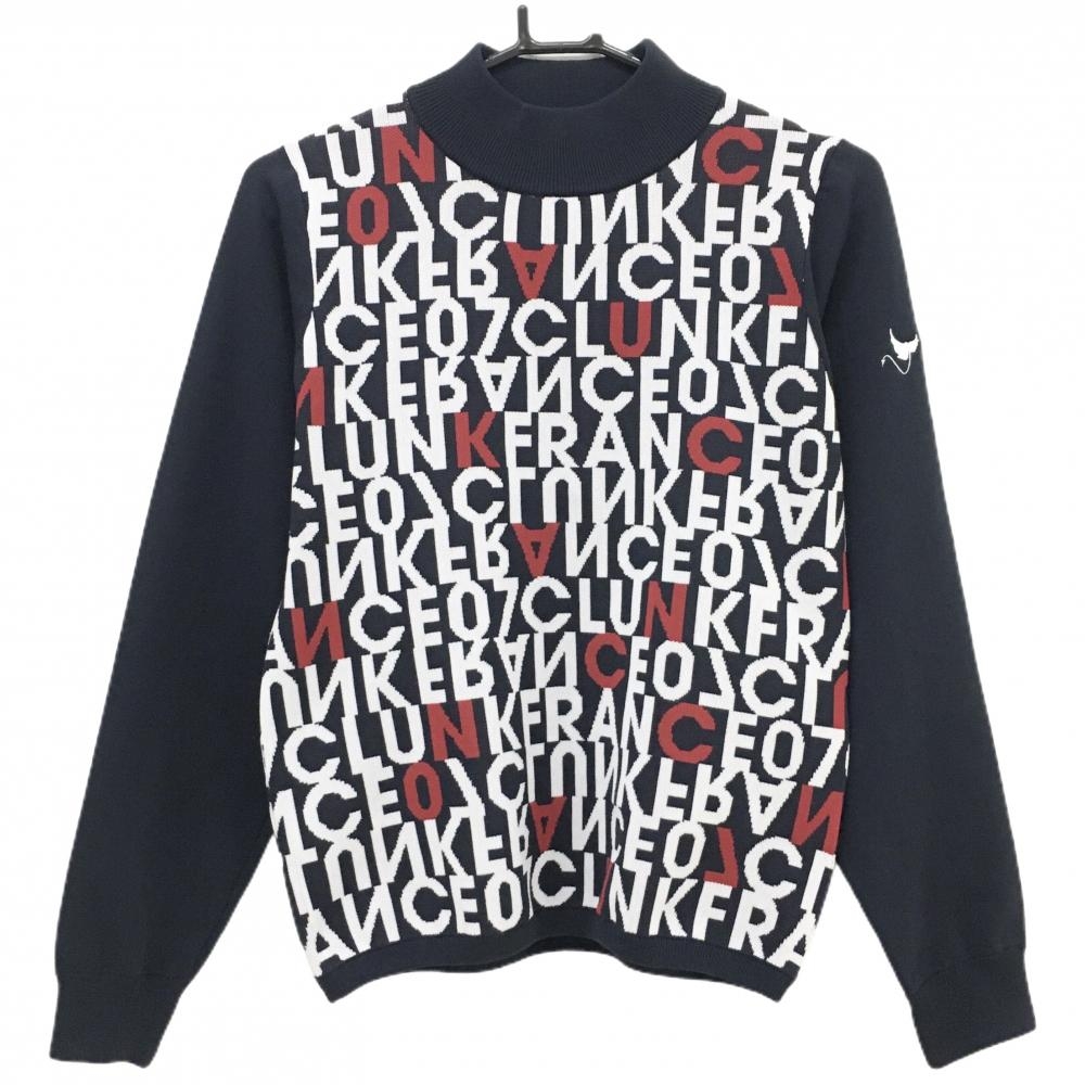 【新品】クランク ハイネックセーター ネイビー×白 身頃ロゴ総柄 ニット ストレッチ 軽量  レディース M ゴルフウェア CLUNK