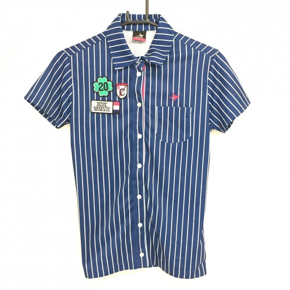 【美品】クランク 半袖ポロシャツ ネイビー×白 ストライプ クローバー レディース L ゴルフウェア CLUNK