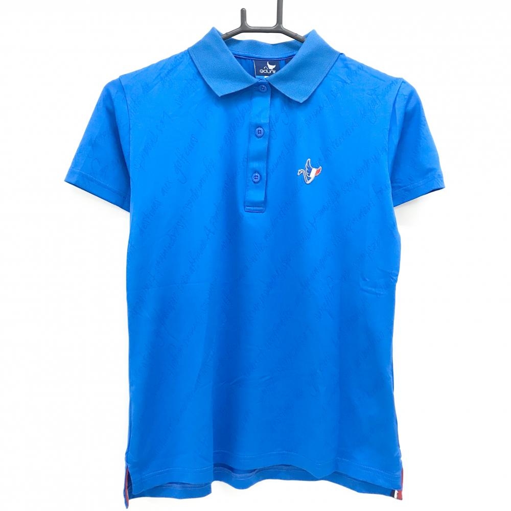 【超美品】クランク 半袖ポロシャツ ブルー 英字総柄 ロゴワッペン レディース M ゴルフウェア CLUNK