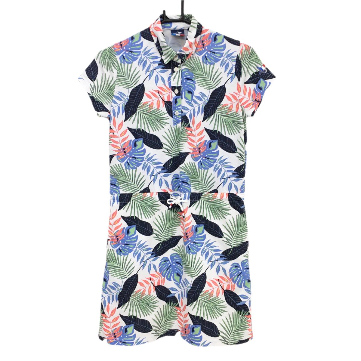 【美品】クランク 半袖ポロワンピース 白×マルチカラー リーフ総柄 内側インナースカート付 レディース S ゴルフウェア CLUNK