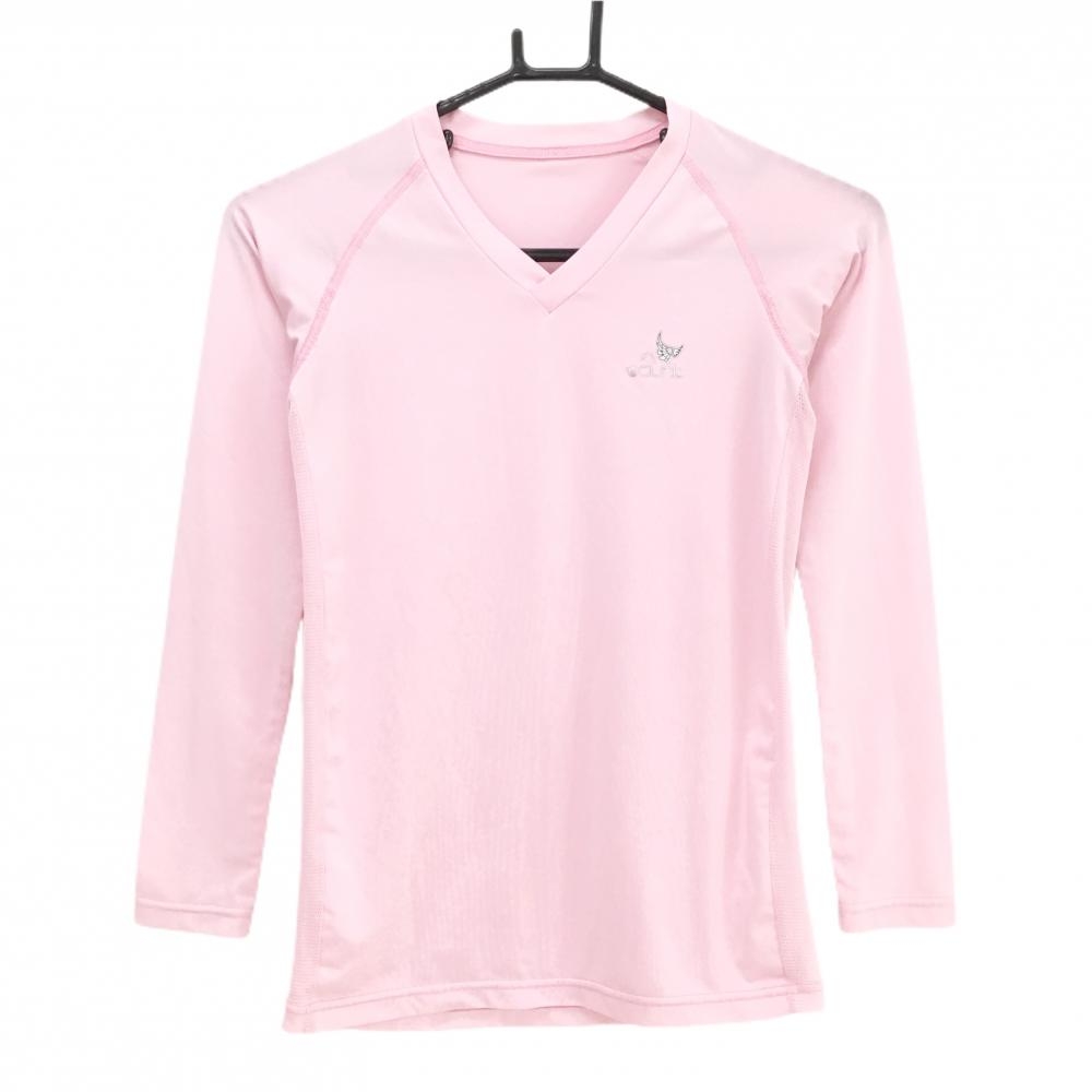 【美品】クランク インナーシャツ ライトピンク 胸ロゴ ストレッチ Vネック  レディース S ゴルフウェア CLUNK