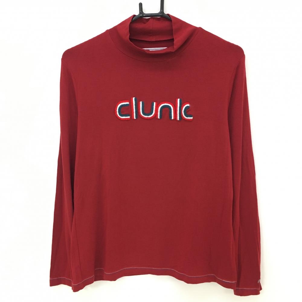 【美品】クランク 長袖ハイネックシャツ レッド ロゴパイル地 レディース L ゴルフウェア CLUNK