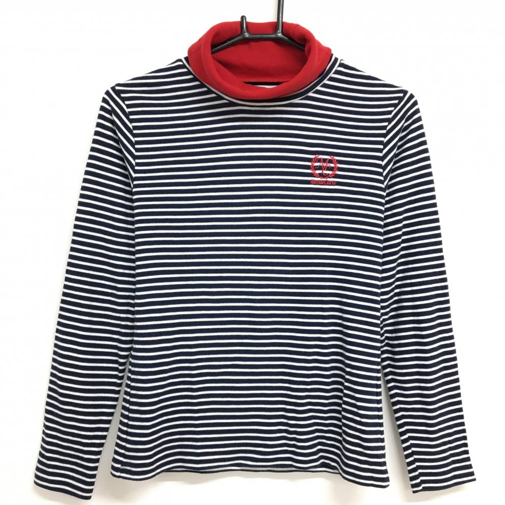 【美品】クランク 長袖ハイネックシャツ ネイビー×白 ボーダー 微起毛 アクリル混 レディース S ゴルフウェア CLUNK