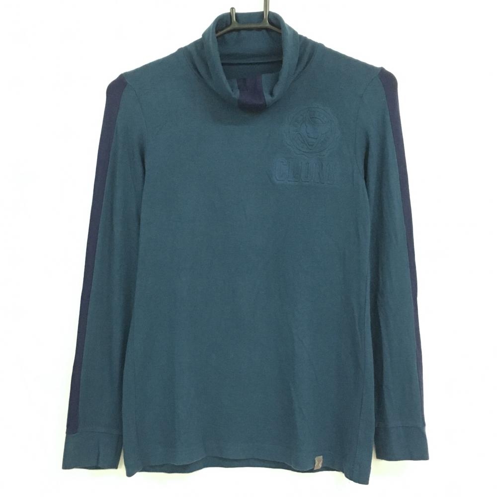 【美品】クランク 長袖タートルネックシャツ ダークブルー×ネイビー 微起毛 袖ライン  レディース M ゴルフウェア CLUNK