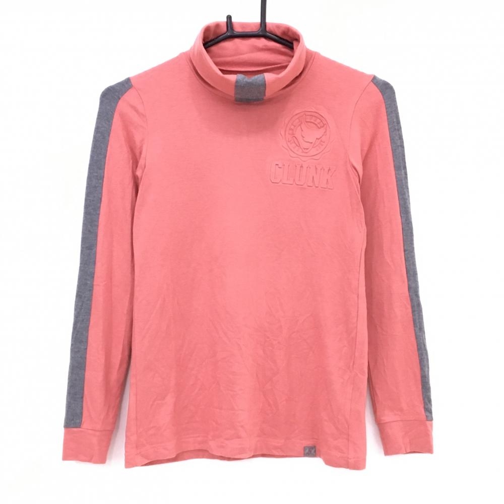 【美品】クランク 長袖タートルネックシャツ オレンジピンク×グレー 袖ライン 微起毛 レディース S ゴルフウェア CLUNK