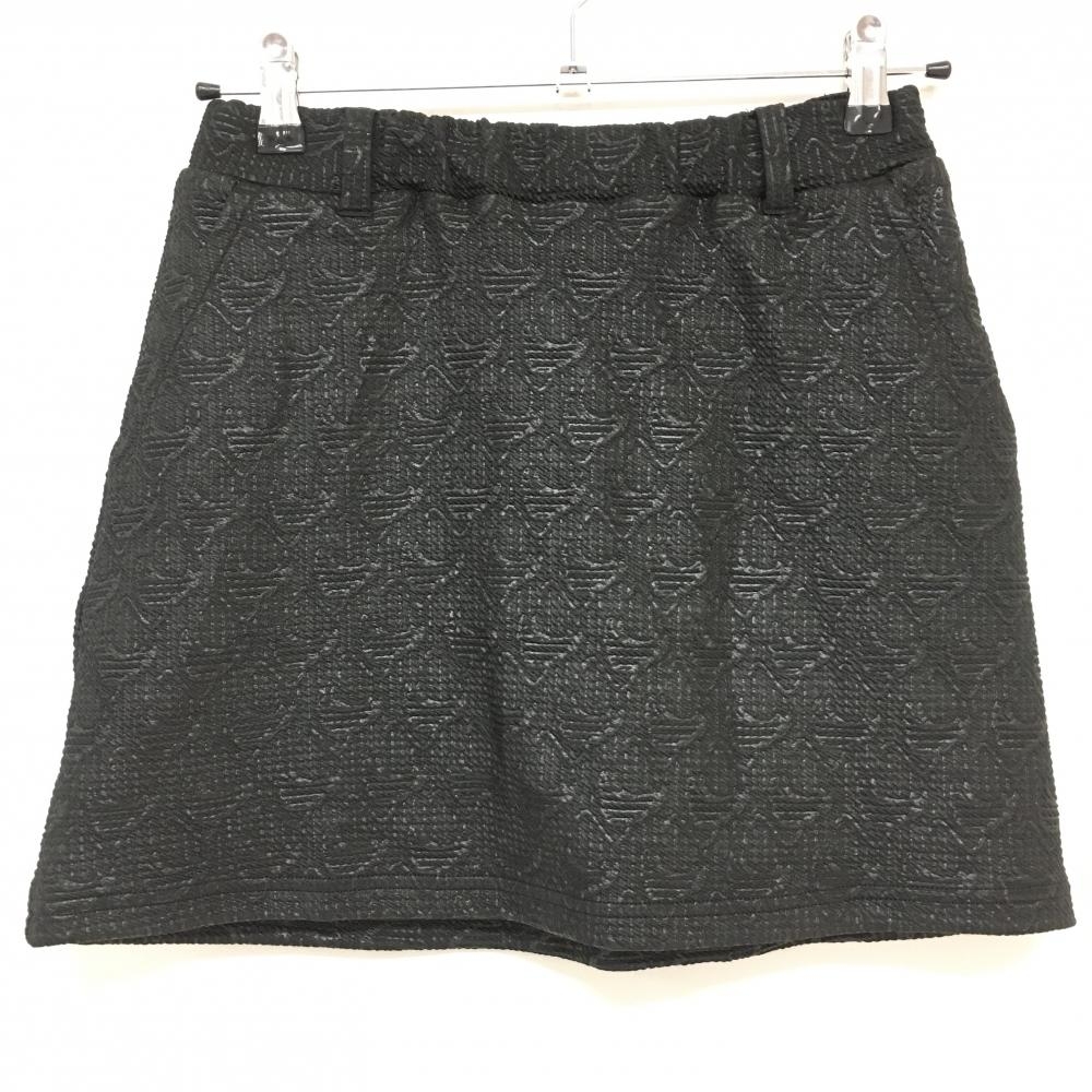 【超美品】クランク スカート 黒 ロゴ×ストライプ総柄 サッカー生地 ウエストゴム レディース S ゴルフウェア CLUNK