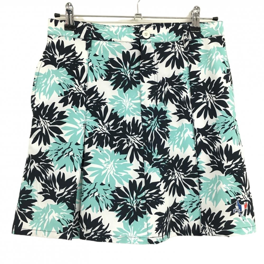 【超美品】クランク スカート 白×ネイビー×ライトブルー 花柄 ボックスプリーツ レディース XL  ゴルフウェア CLUNK