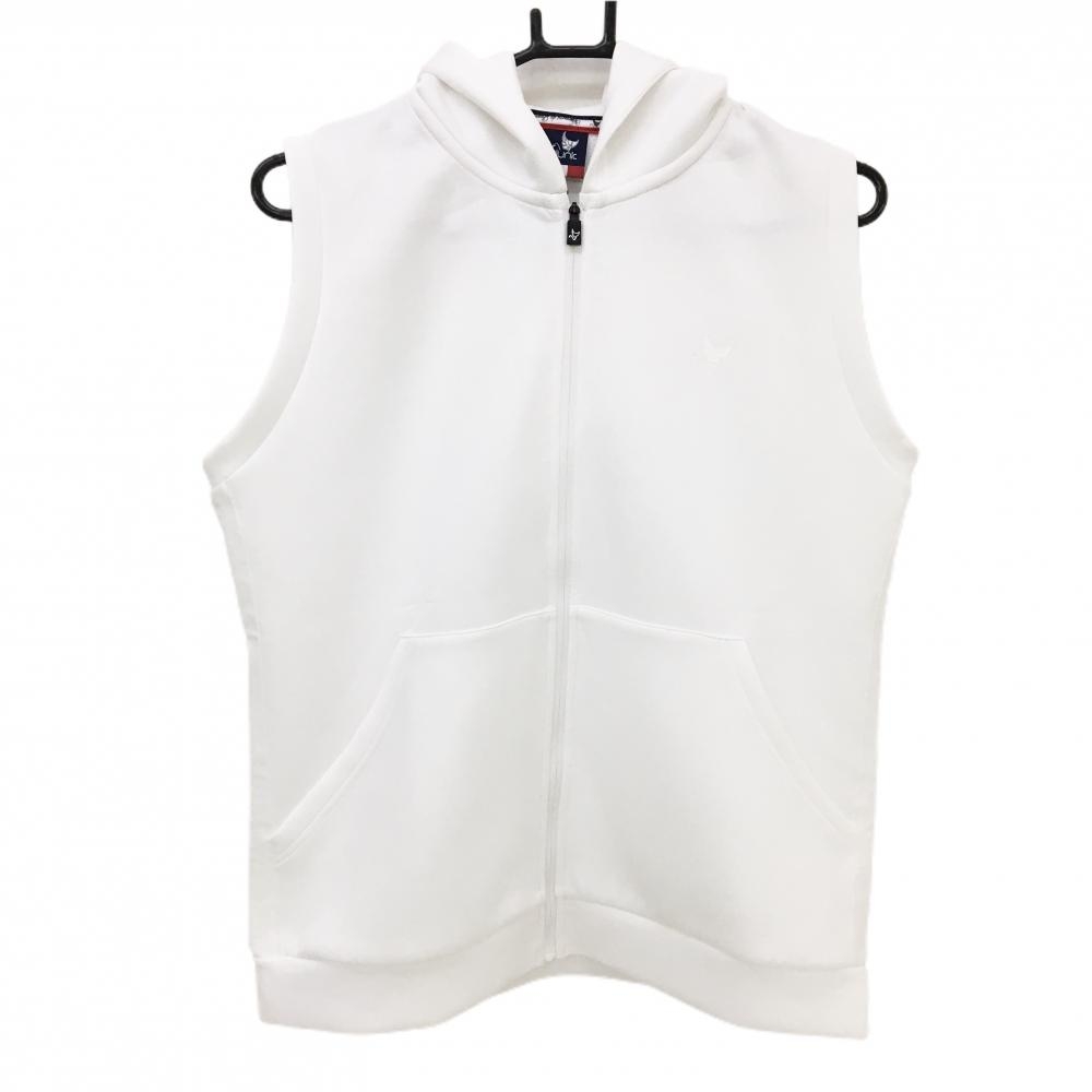 【超美品】クランク フード付ジップベスト 白 英字総柄地模様 ダンボールニット  レディース XL ゴルフウェア 2024年モデル CLUNK