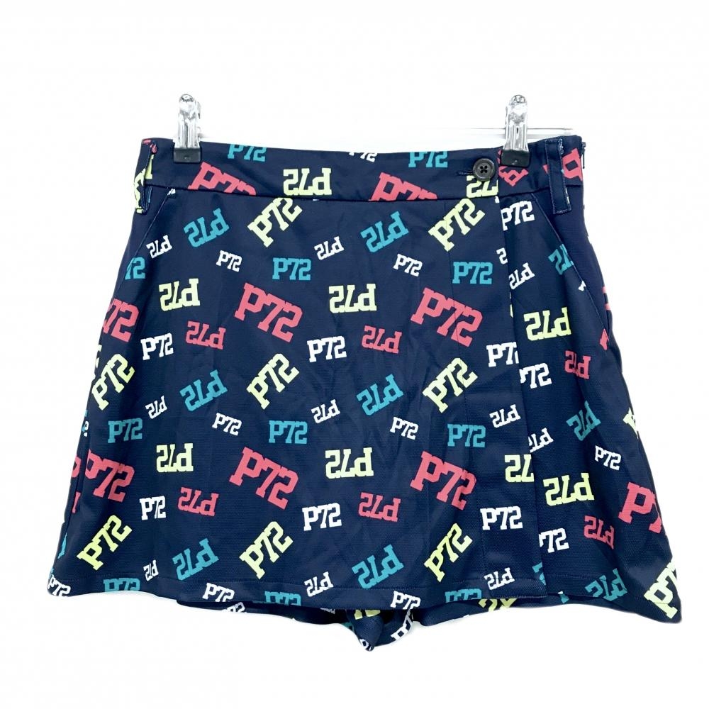 【美品】パーセッタンタドゥエ スカート ネイビー×マルチカラー ロゴ総柄 内側パンツ  レディース S ゴルフウェア PAR72