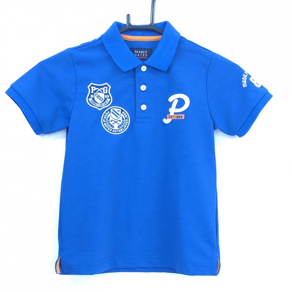 【超美品】パーリーゲイツ 半袖ポロシャツ ブルー×白 複数ワッペン ジュニア・キッズ 120 ゴルフウェア PEARLY GATES