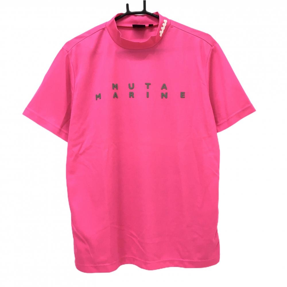 【超美品】ムータマリン 半袖ハイネックシャツ 蛍光ピンク×グレー系 ロゴシリコン メンズ 5(M) ゴルフウェア muta
