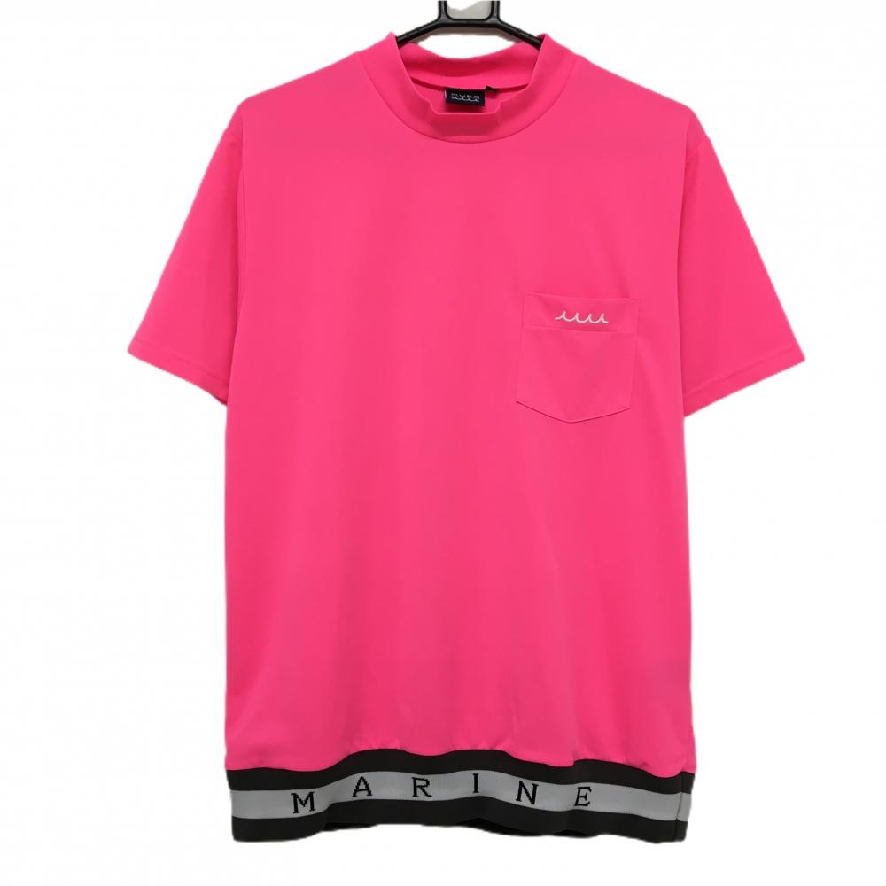【美品】ムータマリン 半袖ハイネックシャツ 蛍光ピンク 裾ゴム 胸ポケット付 メンズ 6(L) ゴルフウェア 2024年モデル muta