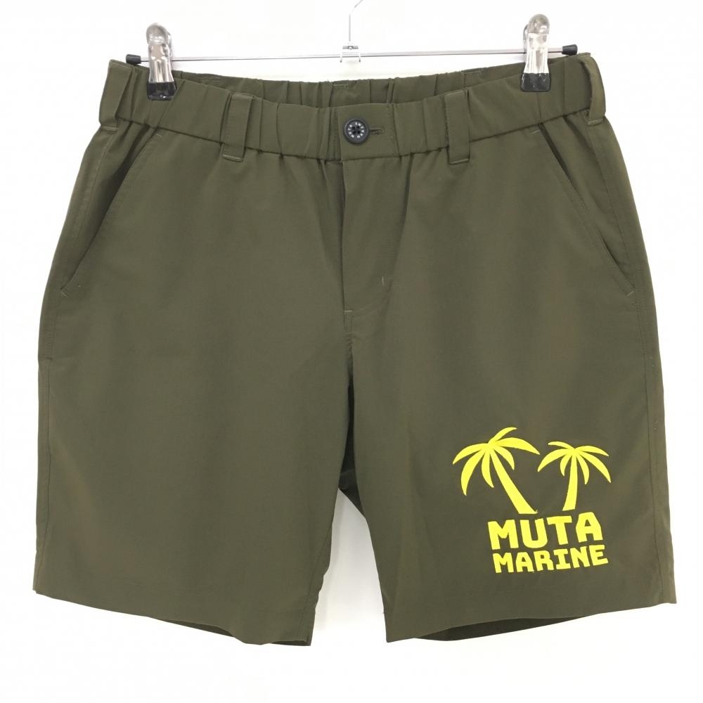 【美品】ムータマリン ハーフパンツ カーキ×イエロー ヤシの木刺しゅう ストレッチ メンズ 4(S) ゴルフウェア 2024年モデル muta