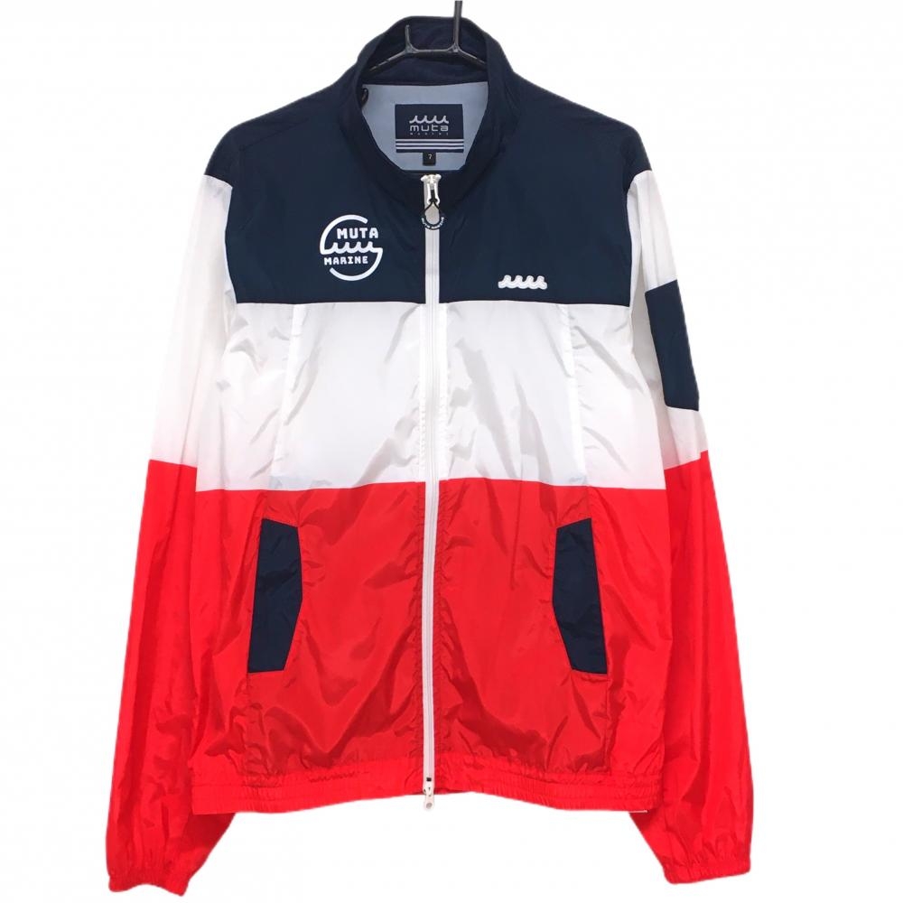 【超美品】ムータマリン ジャケット ネイビー×白×レッド 薄手 トリコロール 襟裏メッシュ メンズ 7(XL) ゴルフウェア muta