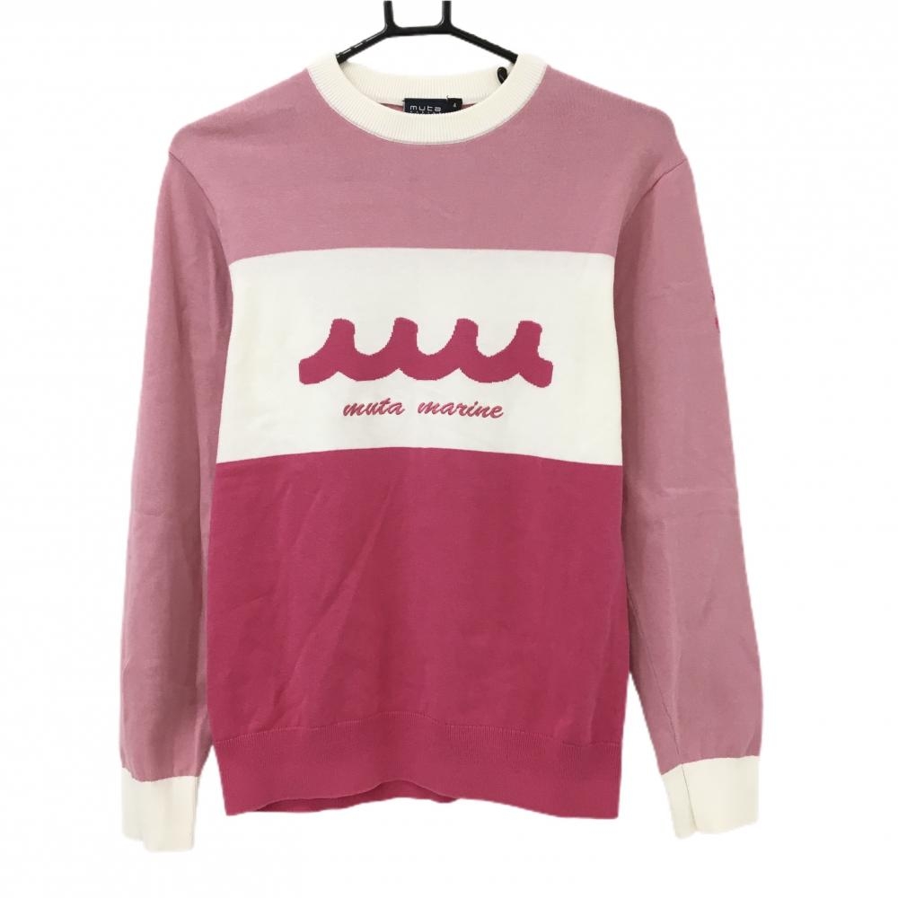 【超美品】ムータマリン セーター ピンク 胸元ロゴ コットン混 メンズ 4(S) ゴルフウェア muta