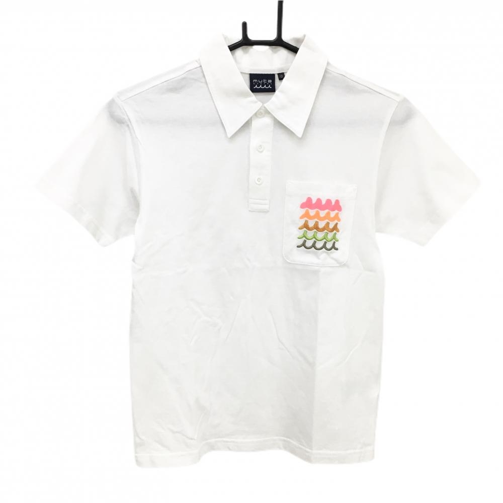 【超美品】ムータマリン 半袖ポロシャツ 白 ロゴマルチカラー コットン100％ レディース 0(WOMAN FREE) ゴルフウェア 2024年モデル  muta