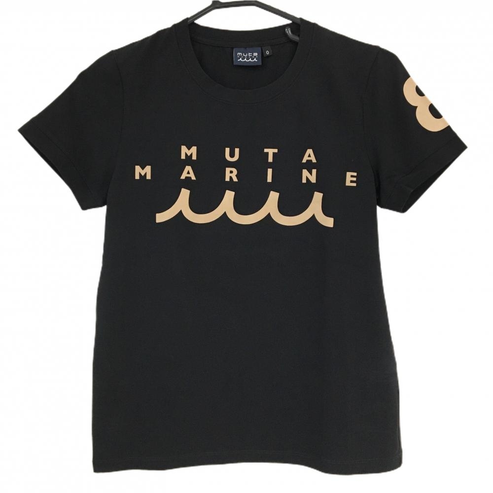 【超美品】ムータマリン Tシャツ 黒×ベージュ フロントロゴ ストレッチ レディース 0(M) ゴルフウェア muta