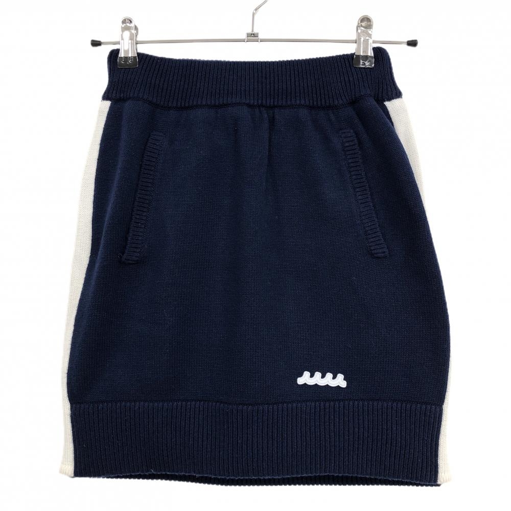 【美品】ムータマリン ニットスカート ネイビー×白 シリコンロゴ 裏地付 サイドライン レディース 1(S) ゴルフウェア muta
