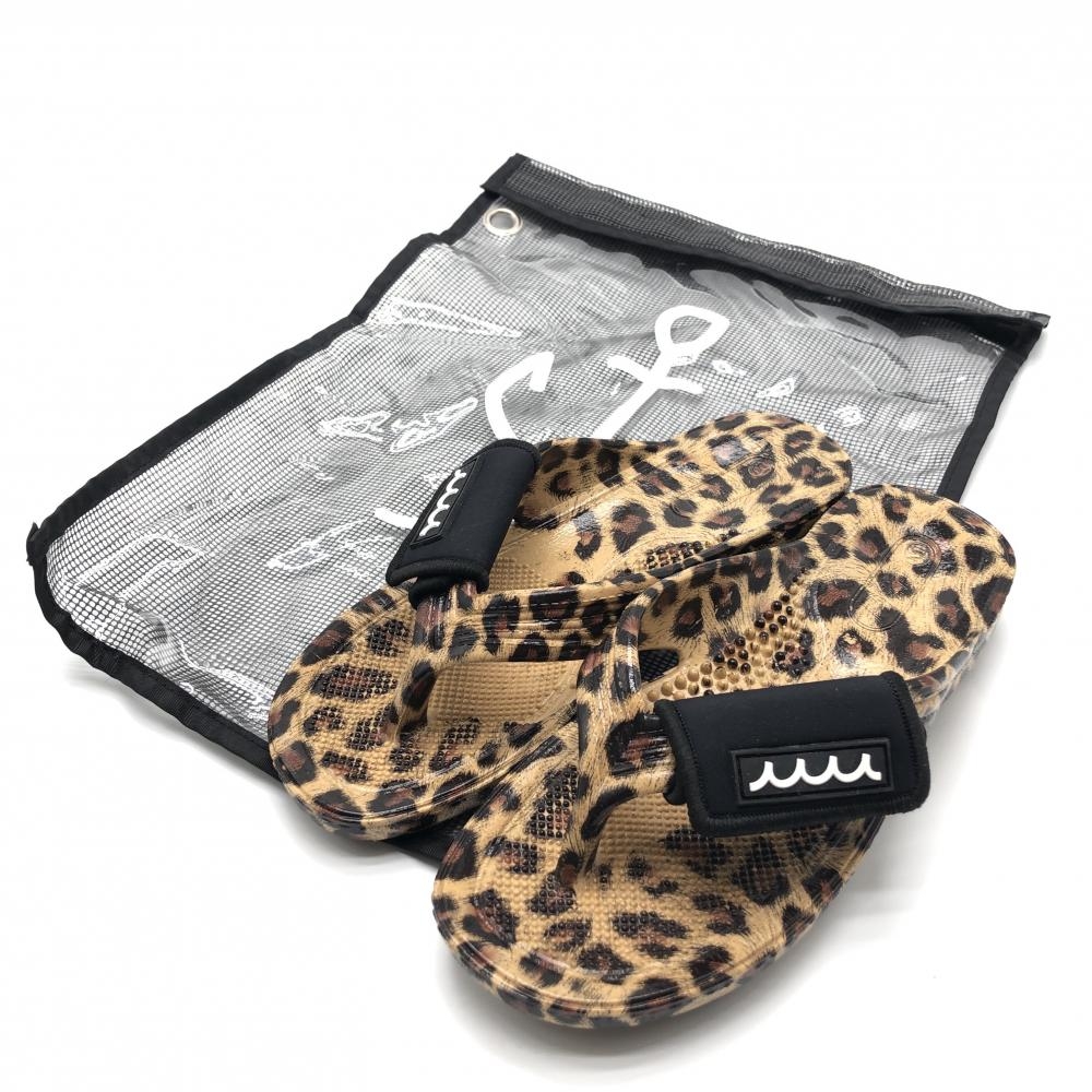 【美品】ムータマリン ビーチサンダル ベージュ×ブラウン レオパード 収納袋付き レディース M(約24.5) ゴルフウェア muta