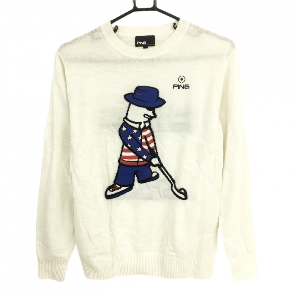 【美品】ピン セーター 白×ブルー 前面Mr.PING バックロゴ ニット メンズ M ゴルフウェア PING
