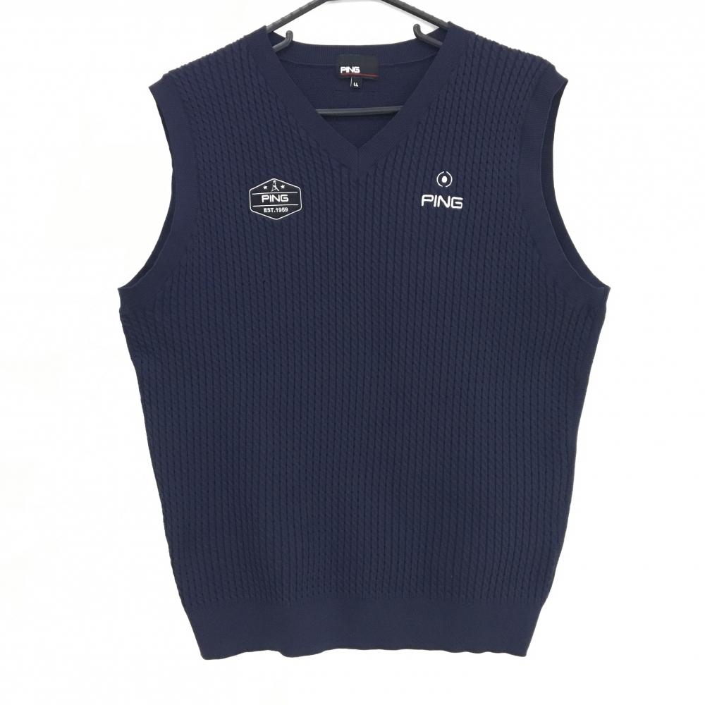 ピン ニットベスト ネイビー ロゴ白 前身頃ケーブル編み Vネック メンズ LL ゴルフウェア PING