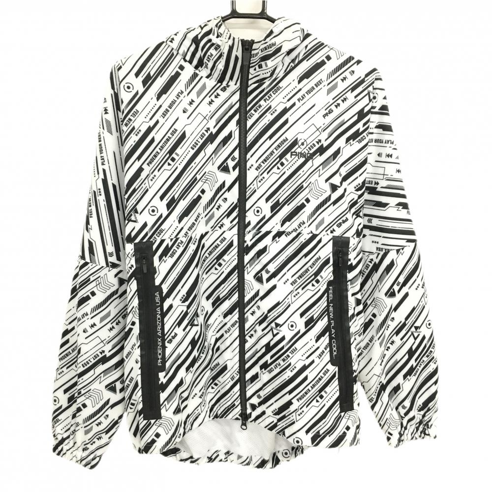 【超美品】ピン フード付ジャケット 白×黒 総柄 透湿性 撥水 防風 ストレッチ メッシュ裏地 メンズ S ゴルフウェア PING