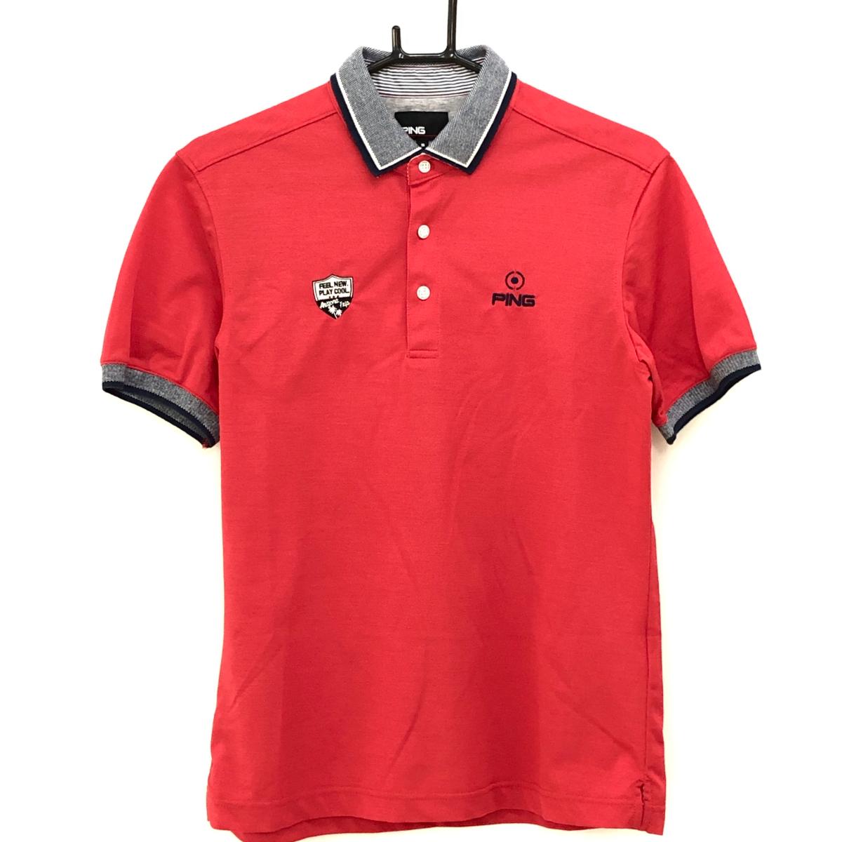 ピン 半袖ポロシャツ レッド×ネイビー 襟・袖口ニット  メンズ S ゴルフウェア PING