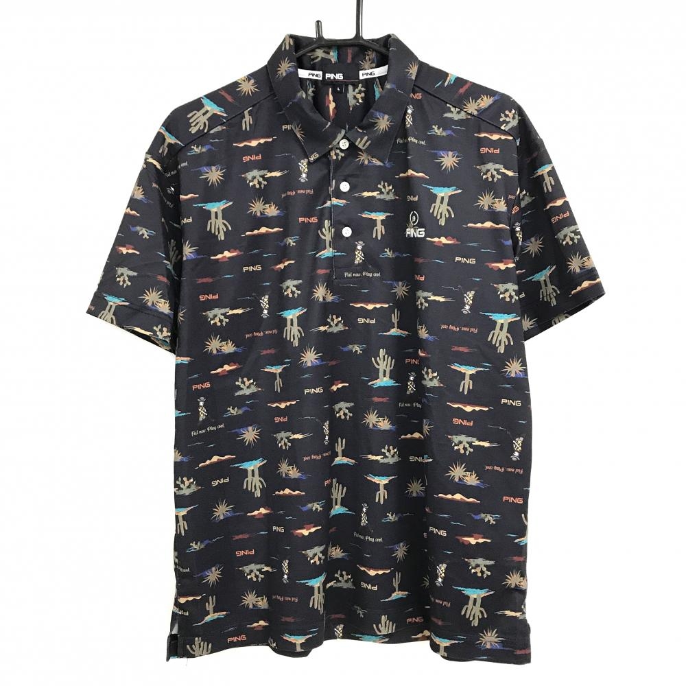 【美品】ピン 半袖ポロシャツ 黒×グリーン系×ベージュ系 総柄 サボテン 胸ロゴ刺しゅう メンズ L ゴルフウェア 2023年モデル PING