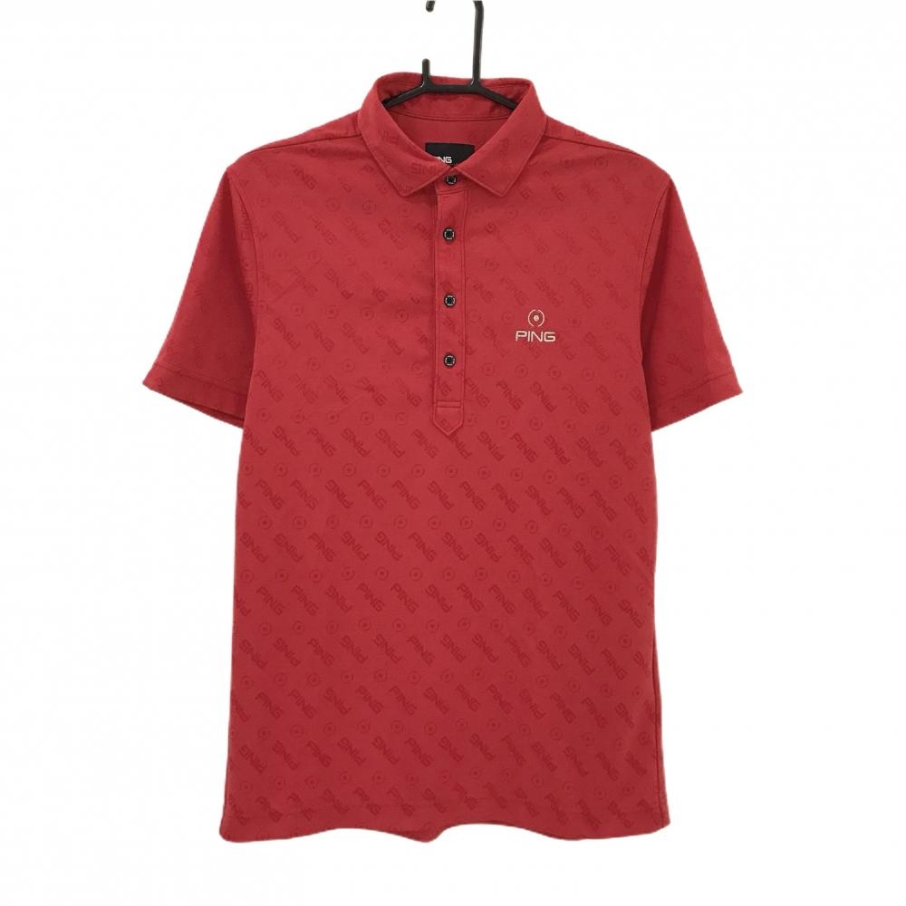 【超美品】ピン 半袖ポロシャツ レッド ロゴ総柄 胸元刺しゅう メンズ L ゴルフウェア PING