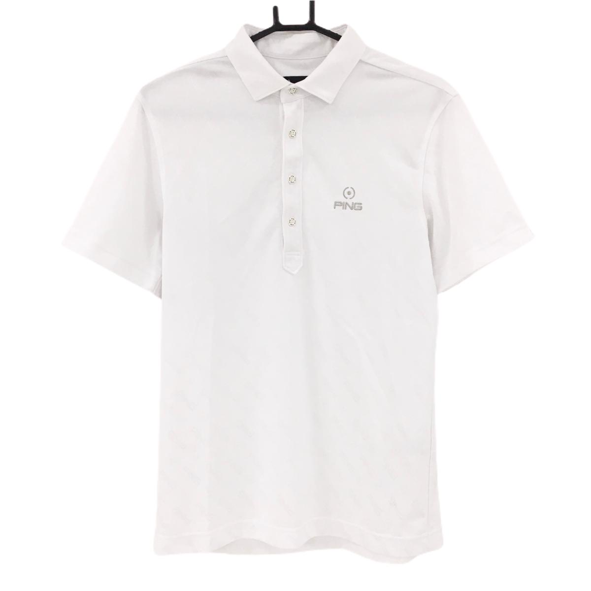 【美品】ピン 半袖ポロシャツ 白 ロゴ総柄 胸元刺しゅう メンズ L ゴルフウェア PING
