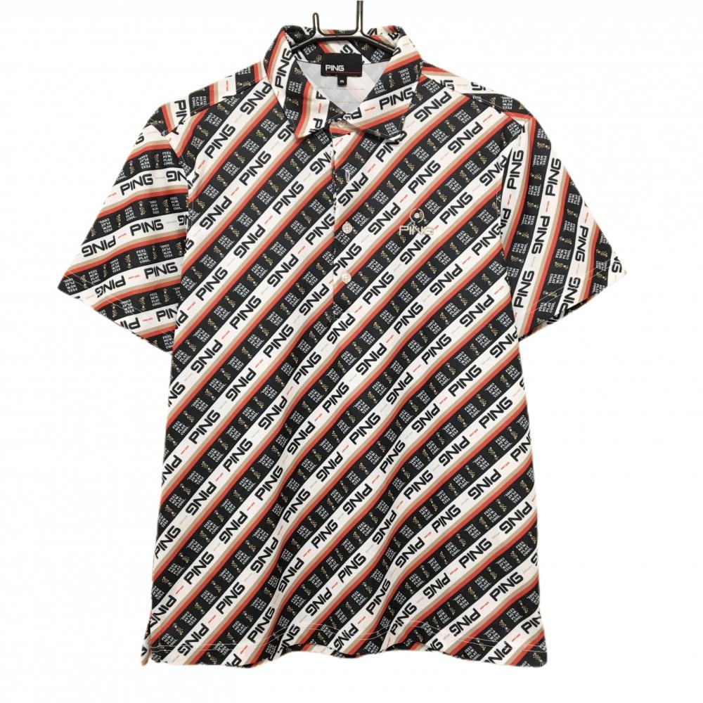 【超美品】ピン 半袖ポロシャツ 白×ネイビー×レッド 斜めロゴストライプ ロゴ刺しゅう メンズ M ゴルフウェア PING