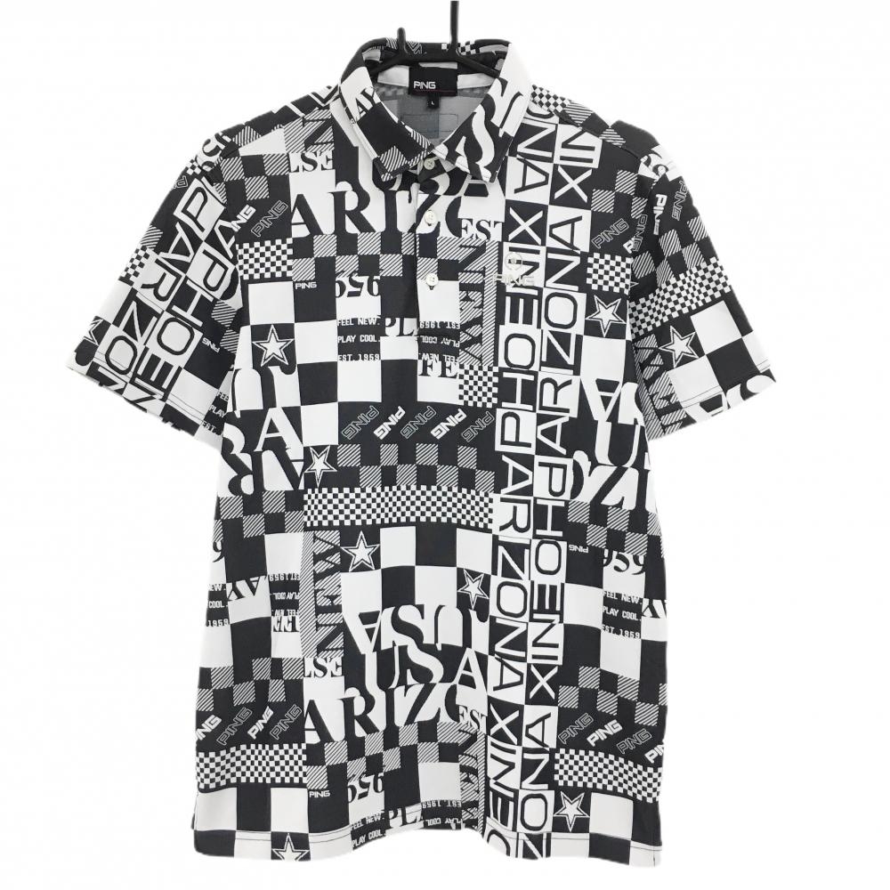 【美品】ピン 半袖ポロシャツ 白×ダークグレー 総柄 ロゴ刺しゅう メンズ L ゴルフウェア PING