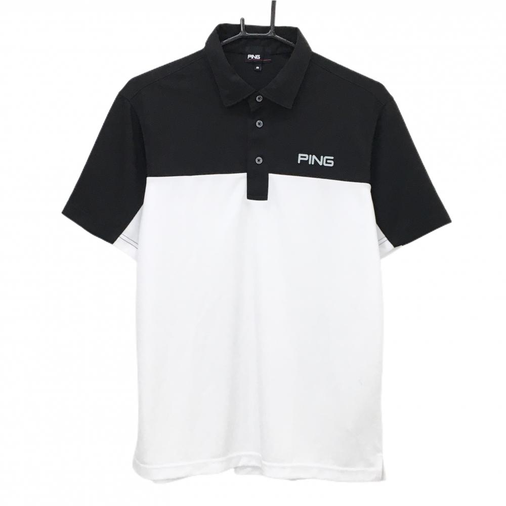 【超美品】ピン 半袖ポロシャツ 黒×白 バイカラー ロゴプリント メンズ M ゴルフウェア 2025年モデル PING