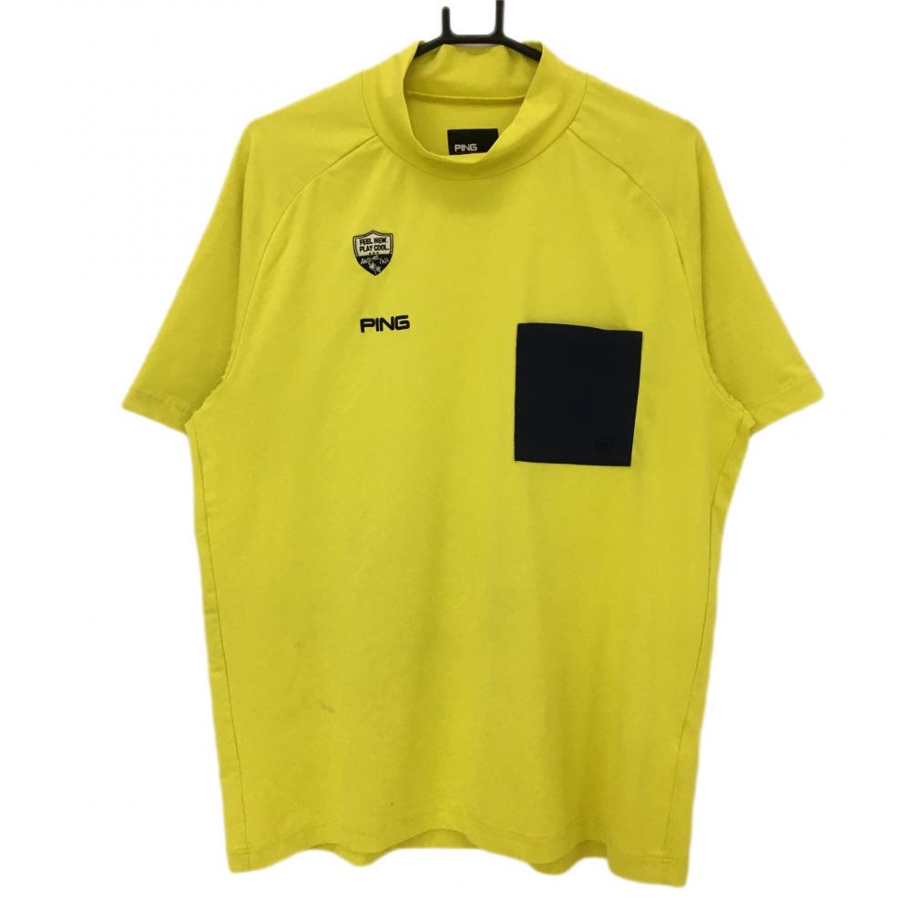 ピン 半袖ハイネックシャツ イエロー×ネイビー 胸ポケット メンズ 3L ゴルフウェア 大きいサイズ PING
