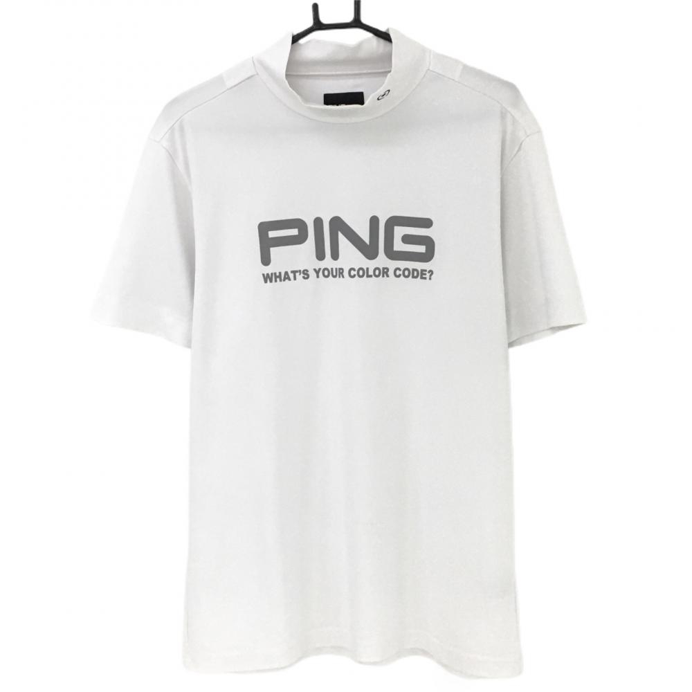 【美品】ピン 半袖ハイネックシャツ 白×グレー ロゴプリント メンズ LL ゴルフウェア PING