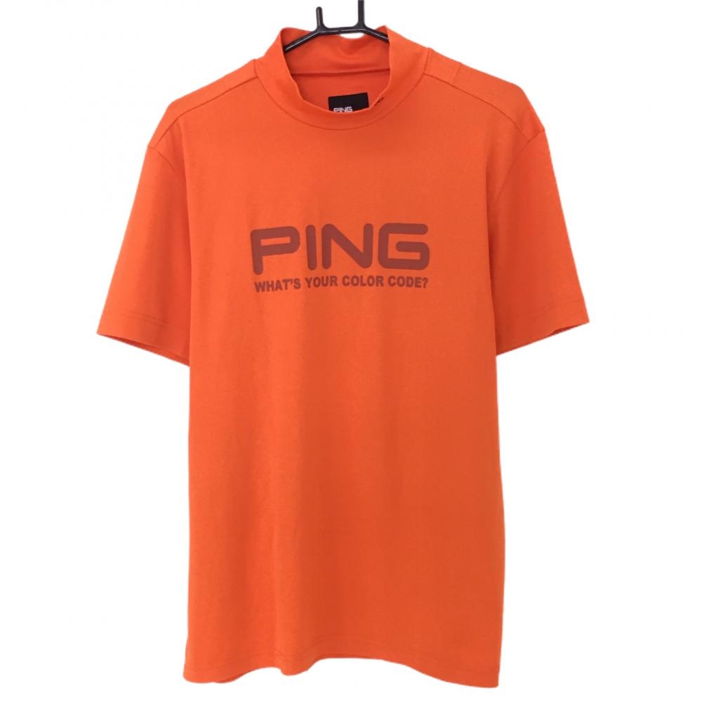 【美品】ピン 半袖ハイネックシャツ オレンジ フロントロゴ メンズ LL ゴルフウェア PING