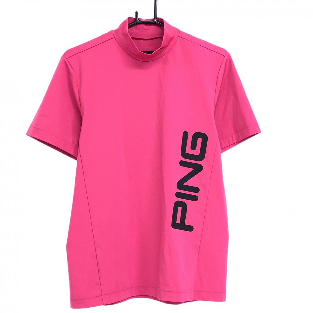 【超美品】ピン 半袖ハイネックシャツ ピンク×黒 ストレッチ ビッグロゴプリント メンズ M ゴルフウェア PING